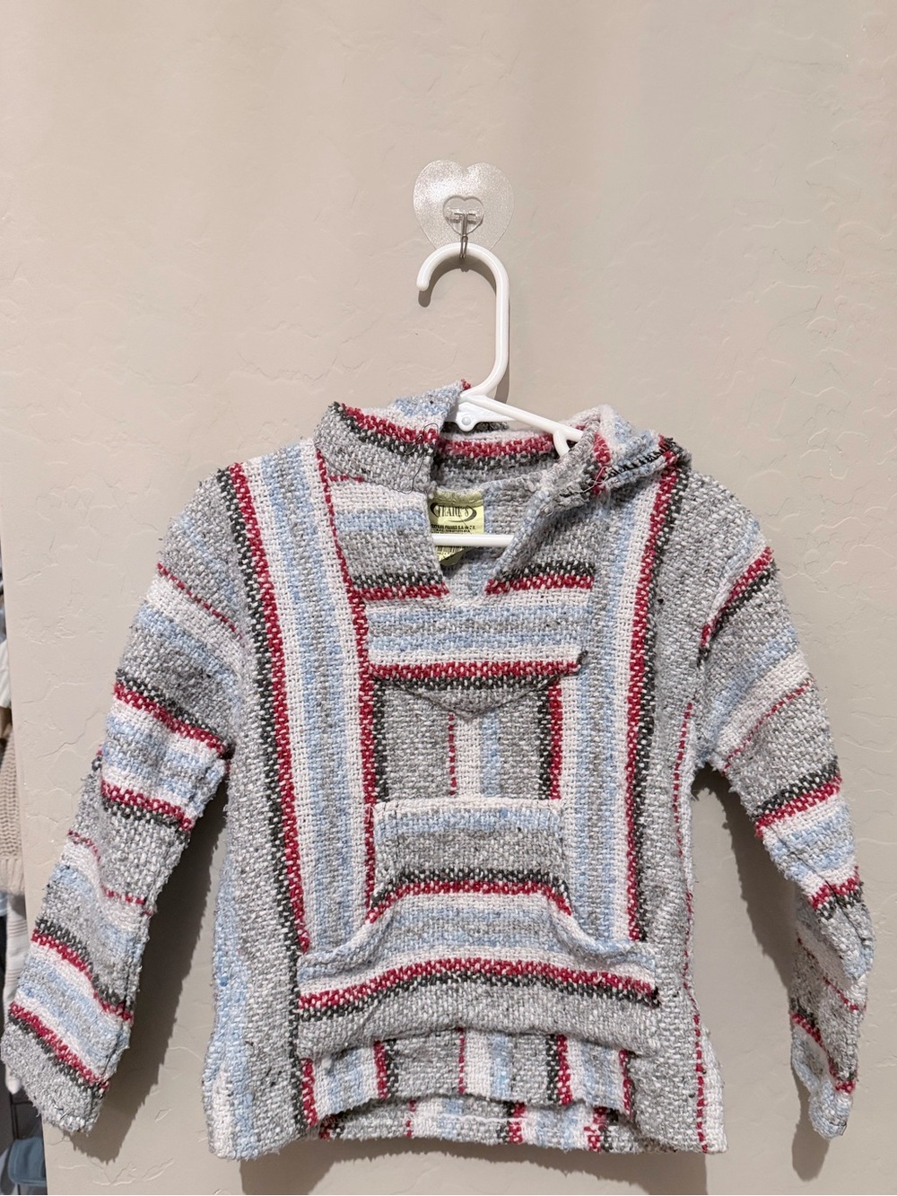 Kids Hooded Baja Stripe Pullover - Gray, Red & Light Blue
